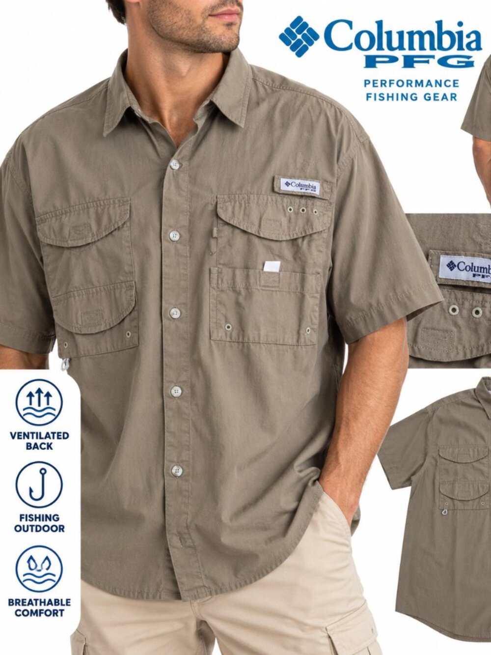 Columbia PFG Men's XXL Short Sleeve Vented Fishing Shirt Tan Outdoor Khaki